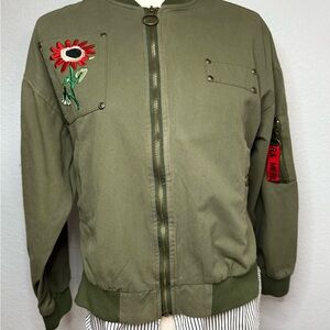 Olive Green Bomber Jacket with Floral Embroidery